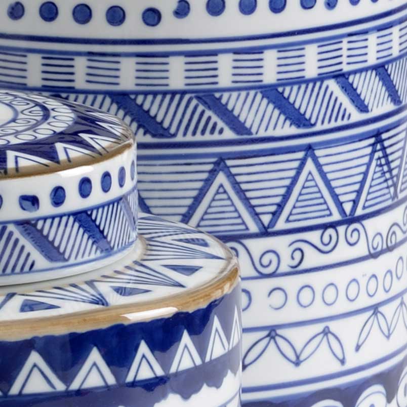 Blue and White Canisters Wildwood Ceramic Set of 3 Detail