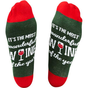 Wonderful Wine Christmas Socks and Ornament sock bottom with slogan