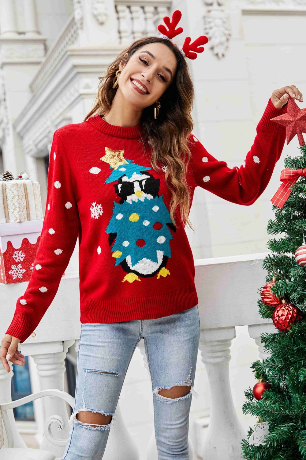 Christmas Penguin Graphic Sequin Sweater in red