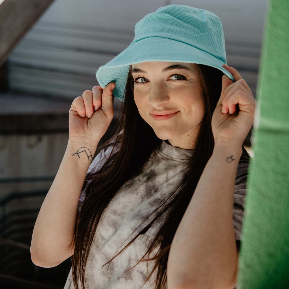 Aqua Corded Bucket Hat worn by model