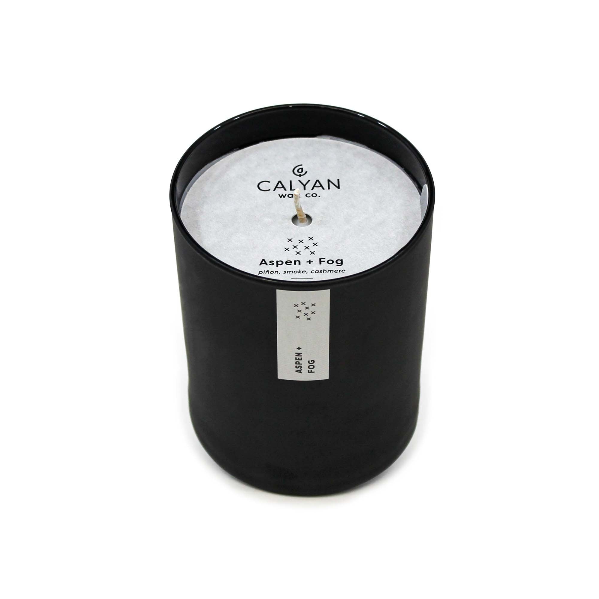 Black matte glass tumbler candle Aspen + Fog fragrance from Calyan Wax Company