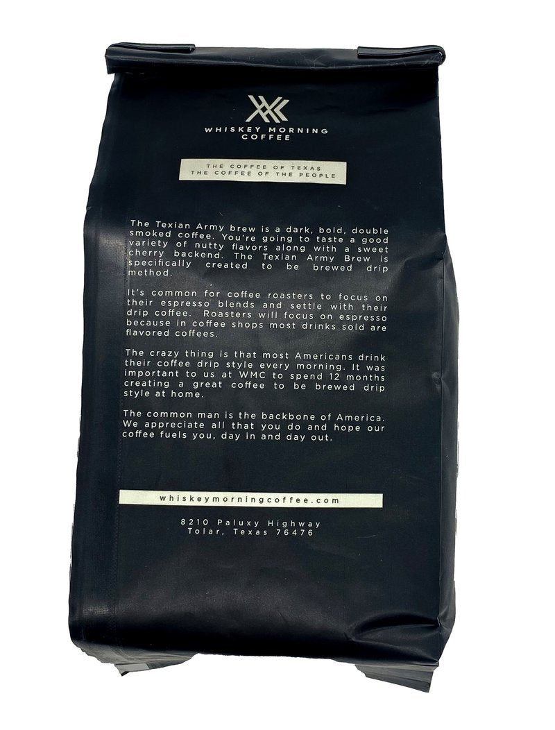 Texian Army Brew Coffee dark roast coffee package back