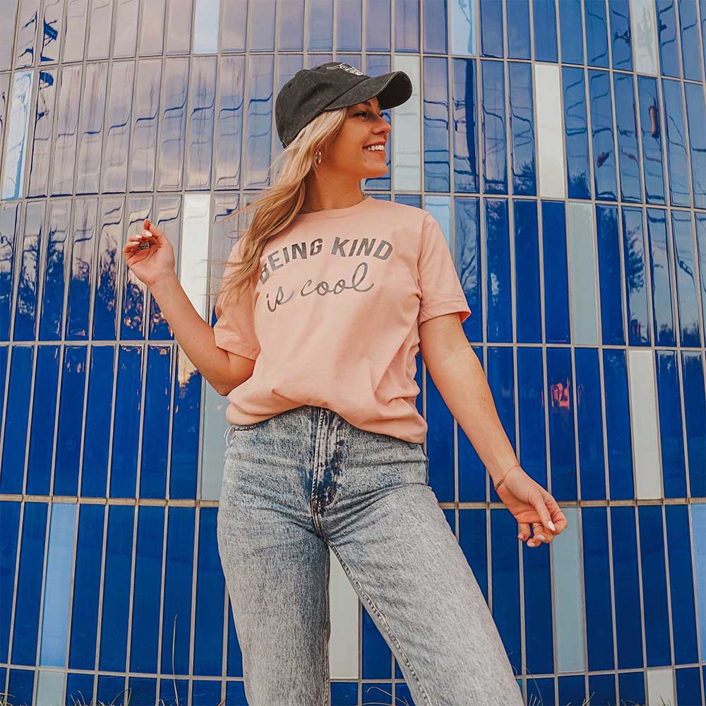 Being Kind Is Cool women's t-shirt model wearing peach from Katydid