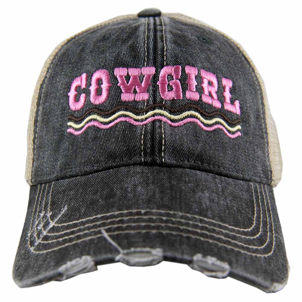Cowgirl Spelled Out Trucker Hat has pink embroidered saying and wavy underscore