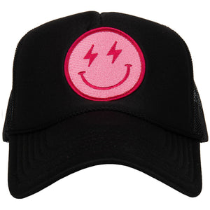 Hot Pink Lightning Happy Face Foam Trucker Hat in black