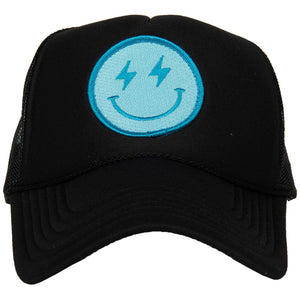 Turquoise Lightning Happy Face Foam Trucker Hat in black