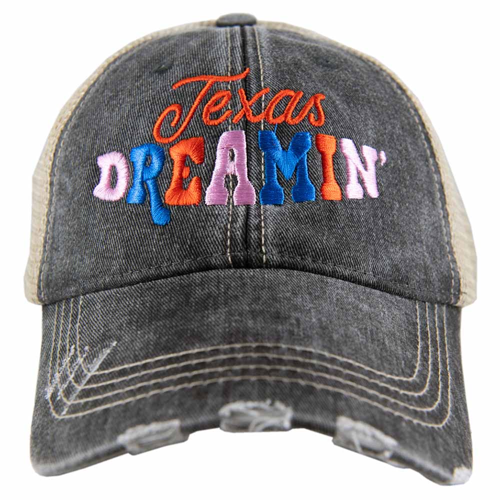 Texas Dreamin' Trucker Hat is colorfully embroidered and has a distressed look