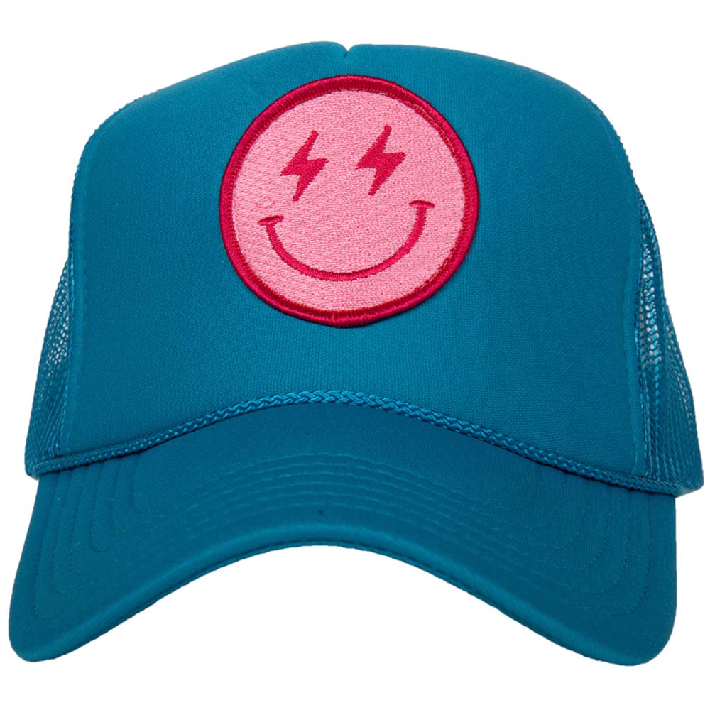 Hot Pink Lightning Happy Face Foam Trucker Hat in blue