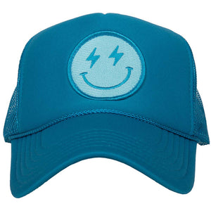 Turquoise Lightning Happy Face Foam Trucker Hat in blue