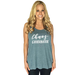 Chaos Coordinator tank top in Deep Teal with message on front from Katydid
