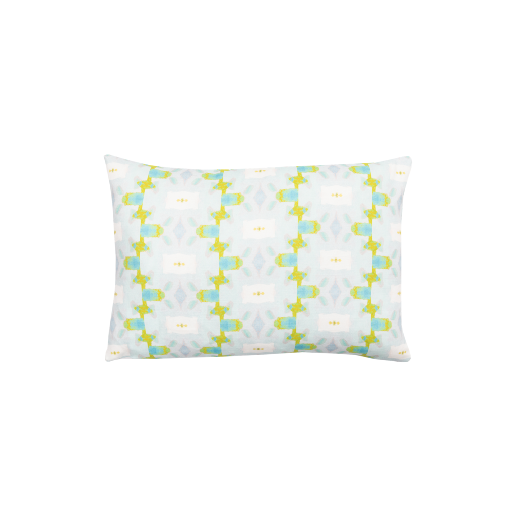 Chloe Blue Linen pillow from Laura Park Designs in light blues and greens lumbar