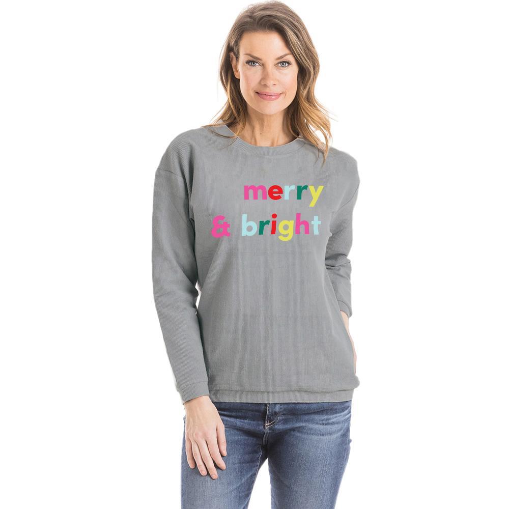 Merry and Bright Corded Christmas Sweatshirt in Light Grey