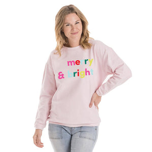 Merry and Bright Corded Christmas Sweatshirt in Light Pink