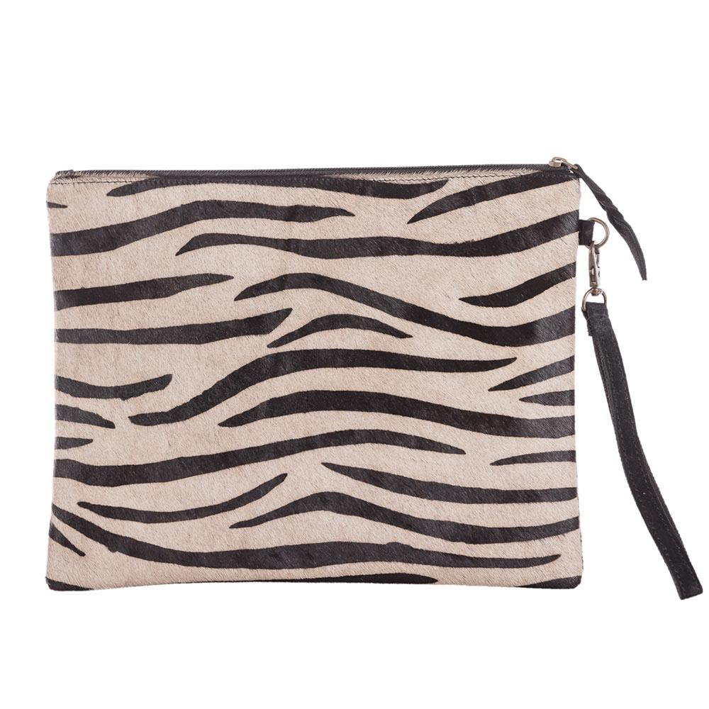 Grey & Black Zebra Hair On Leather Clutch woman holding by strap