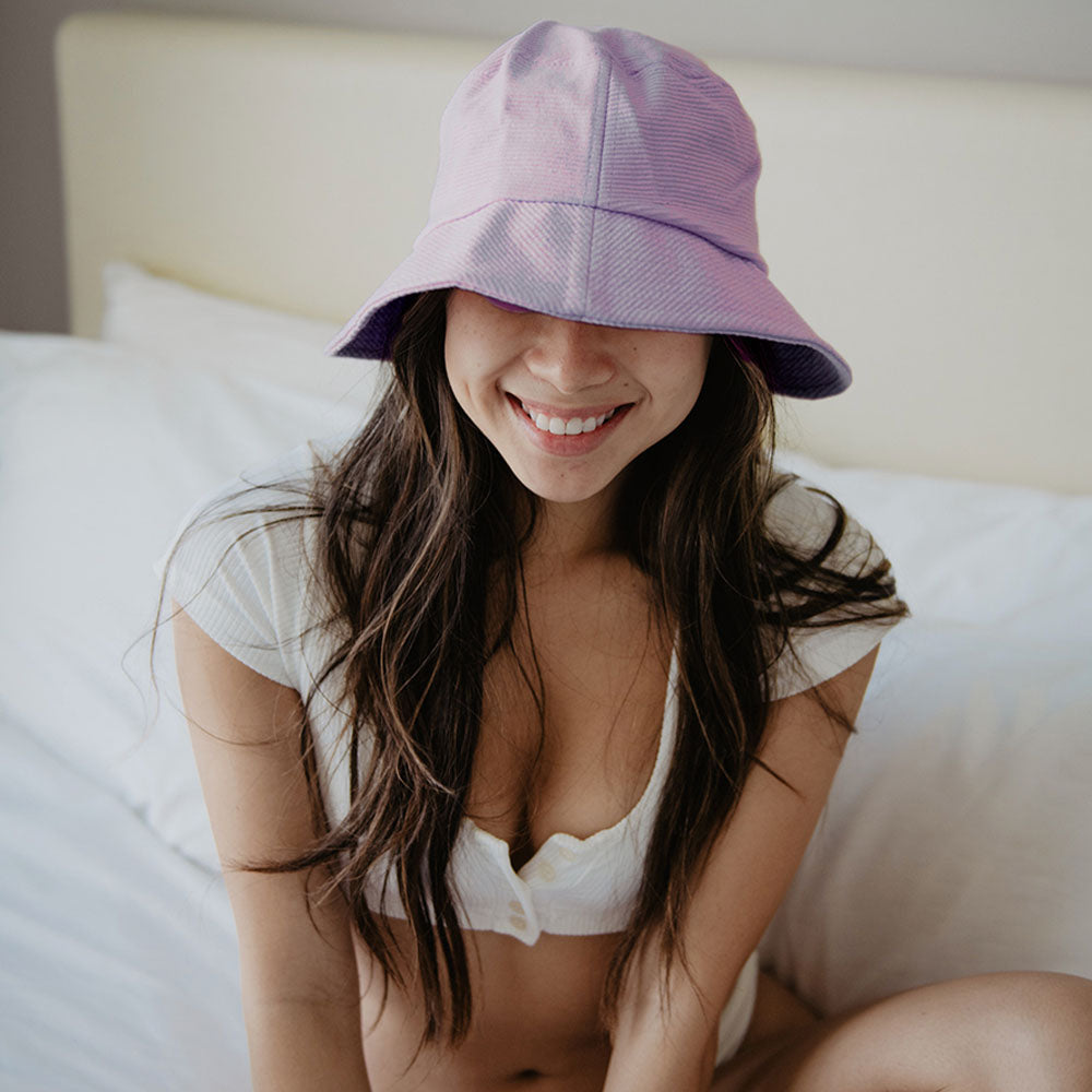 Purple Corded Bucket Hat worn by model