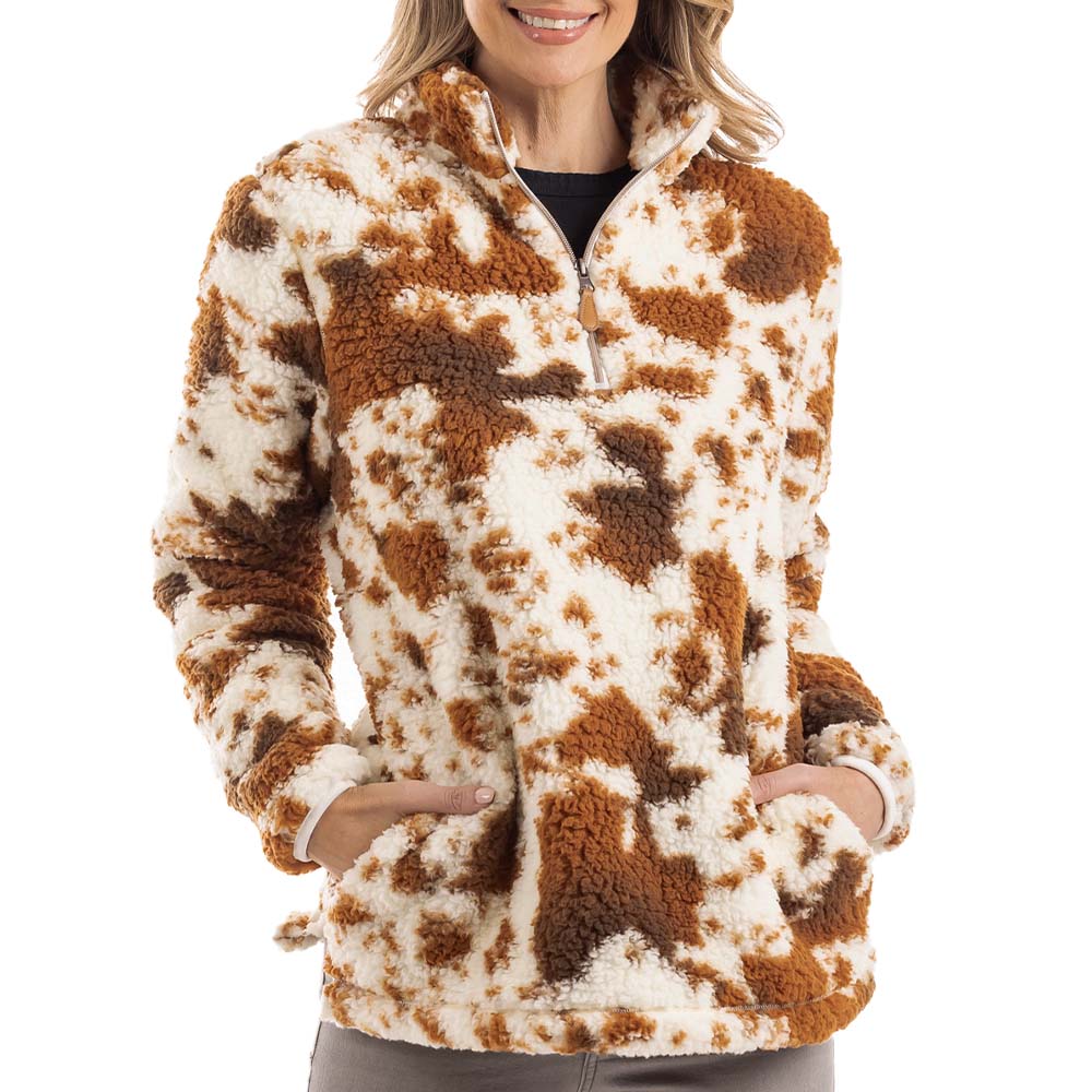 Brown Cow Print Sherpa Pullover has side pockets
