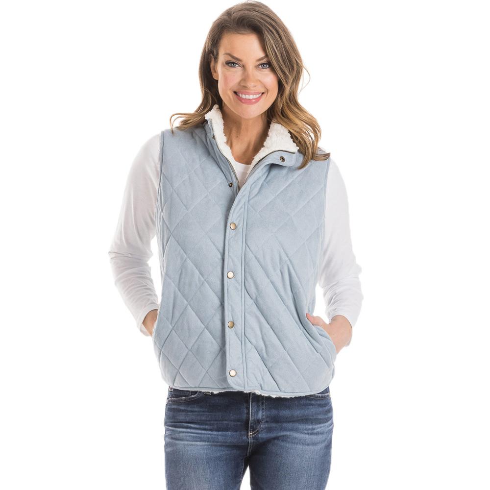 Quilted Reversible Sherpa Vest with Pockets shown in blue from Katydid
