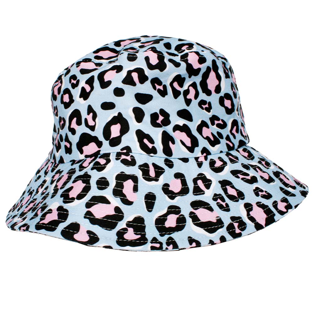 Blue Leopard Print Bucket Hat worn by model in pink shirt