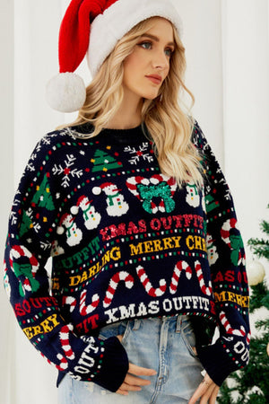 Christmas Print Crewneck Dropped Shoulder Sweater with model wearing Santa hat