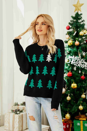 Christmas Tree Round Neck Ribbed Trim Sweater in black