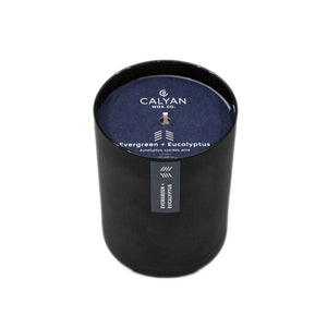Black matte glass tumbler candle Evergreen + Eucalyptus fragrance from Calyan Wax Company