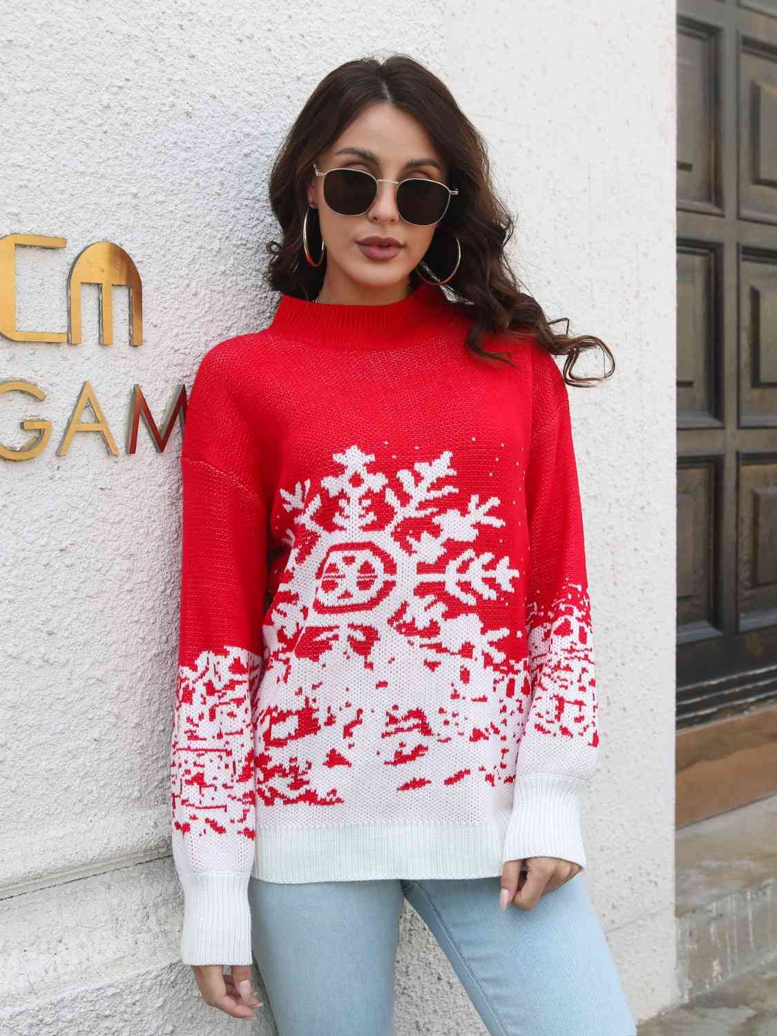 Snowflake Pattern Mock Neck Sweater in red