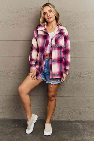 By The Fireplace Oversized Plaid Shacket looks great with shorts or jeans