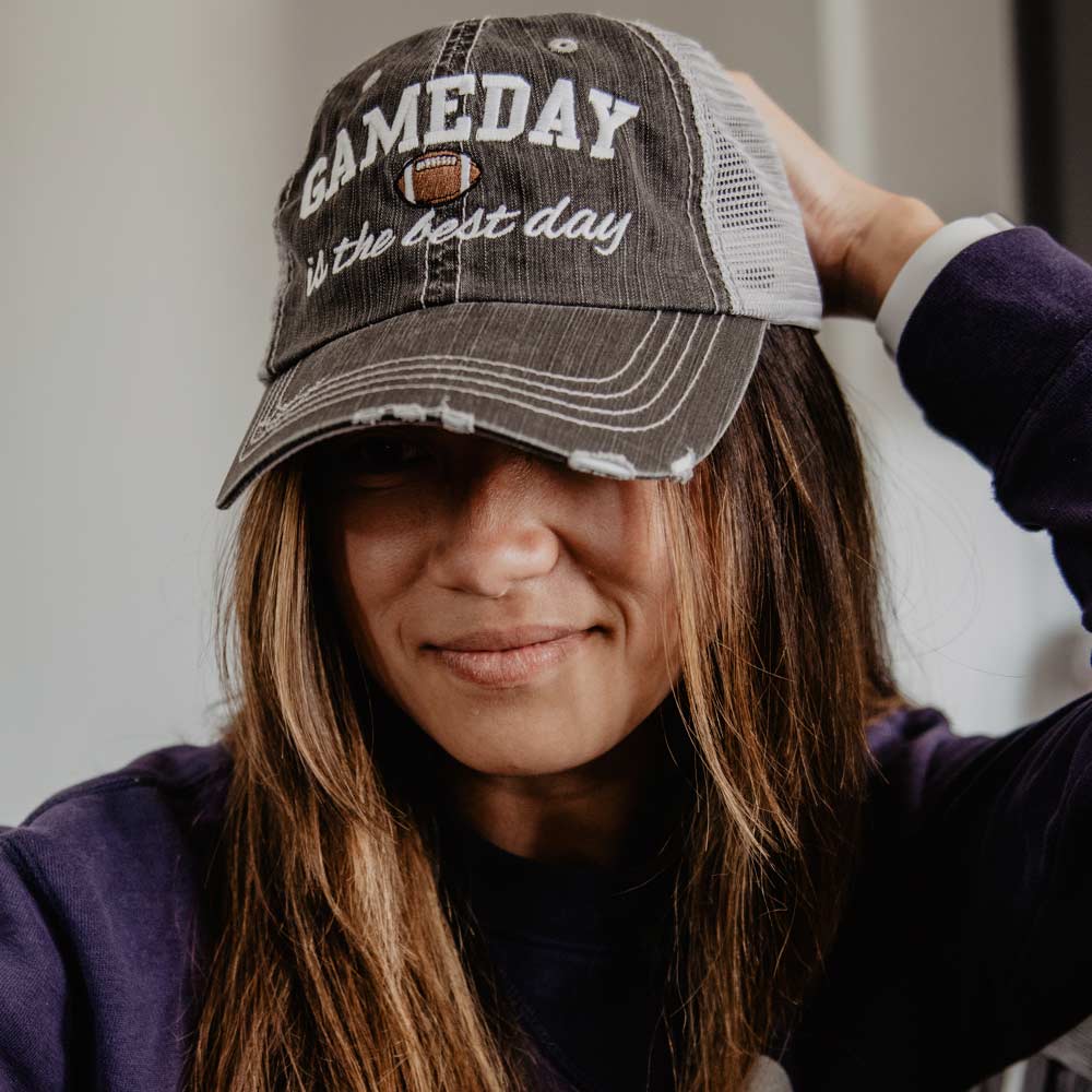 Football Gameday Women&#39;s Trucker Hat with embroiderd text and football icon