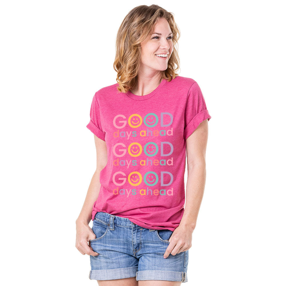 Good Days Ahead Happy Face T-Shirt in raspberry