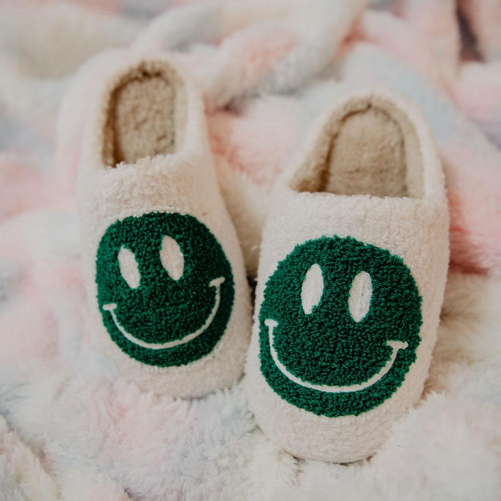 Green and White Happy Face Slippers