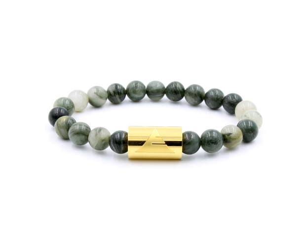 Green line jasper stone beaded bracelet with gold band from Everwood