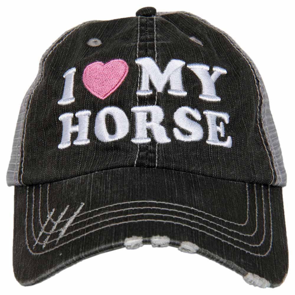 I Love My Horse Trucker Hat white embroided message with pink heart on black front panel.