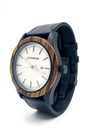 Zebrawood watch with black leather strap and white dial from Everwood size view