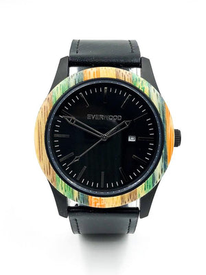 Multi bamboo watch with black leather strap and black dial from Everwood
