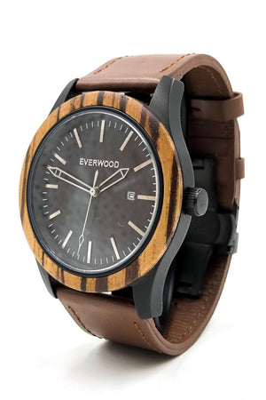 Zebrawood watch with brown leather strap and black dial from Everwood side view