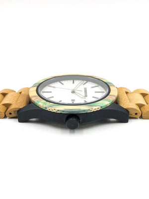 Limited Edition multi-colored bamboo watch with white dial from Everwood laying flat