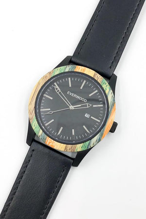 Multi bamboo watch with black leather strap and black dial from Everwood bezel and strap