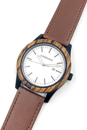 Zebrawood watch with brown leather strap and white dial from Everwood bezel and strap