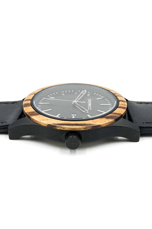 Zebrawood watch with black leather strap and black dial from Everwood laying flat