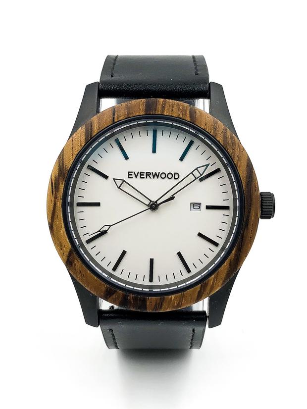 Zebrawood watch with black leather strap and white dial from Everwood