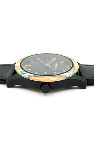 Multi bamboo watch with black leather strap and black dial from Everwood laying flat