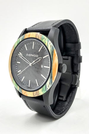 Multi bamboo watch with black leather strap and black dial from Everwood side view
