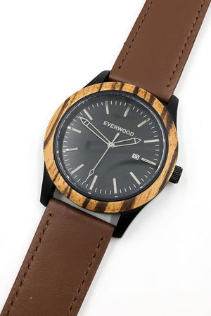 Zebrawood watch with brown leather strap and black dial from Everwood bezel and strap
