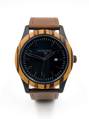Zebrawood watch with brown leather strap and black dial from Everwood