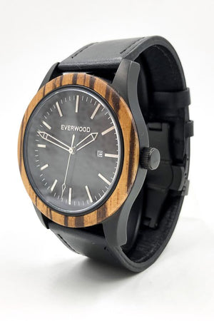 Zebrawood watch with black leather strap and black dial from Everwood side view