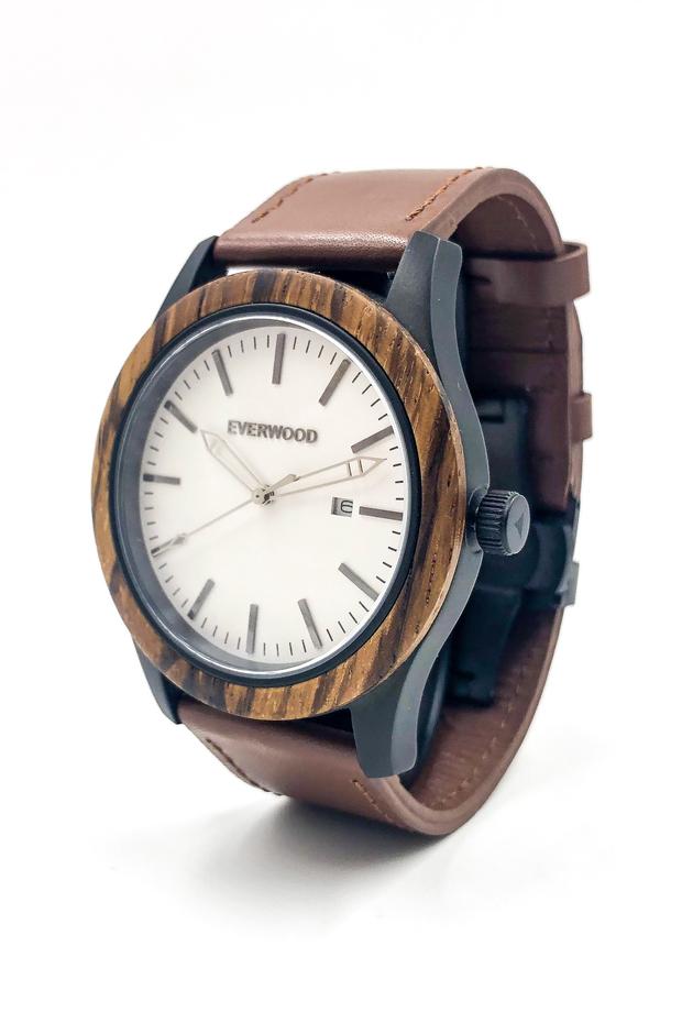 Zebrawood watch with brown leather strap and white dial from Everwood