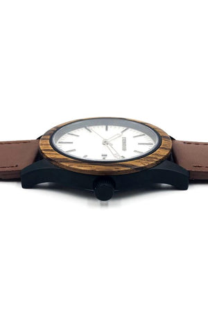 Zebrawood watch with brown leather strap and white dial from Everwood laying flat