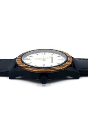 Zebrawood watch with black leather strap and white dial from Everwood laying flat