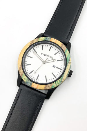 Multi bamboo watch with black leather strap and white dial from Everwood bezel and strap