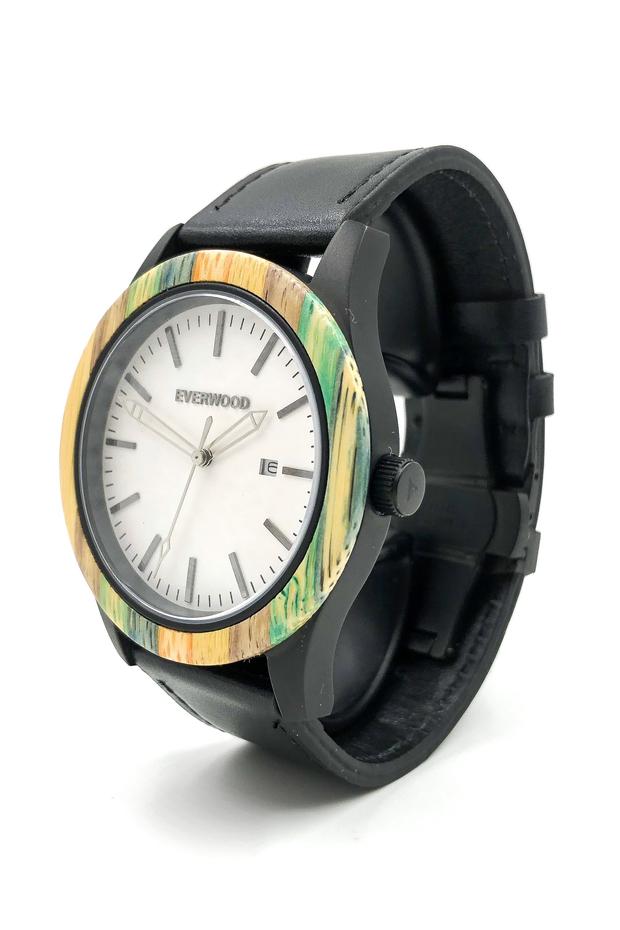 Multi bamboo watch with black leather strap and white dial from Everwood